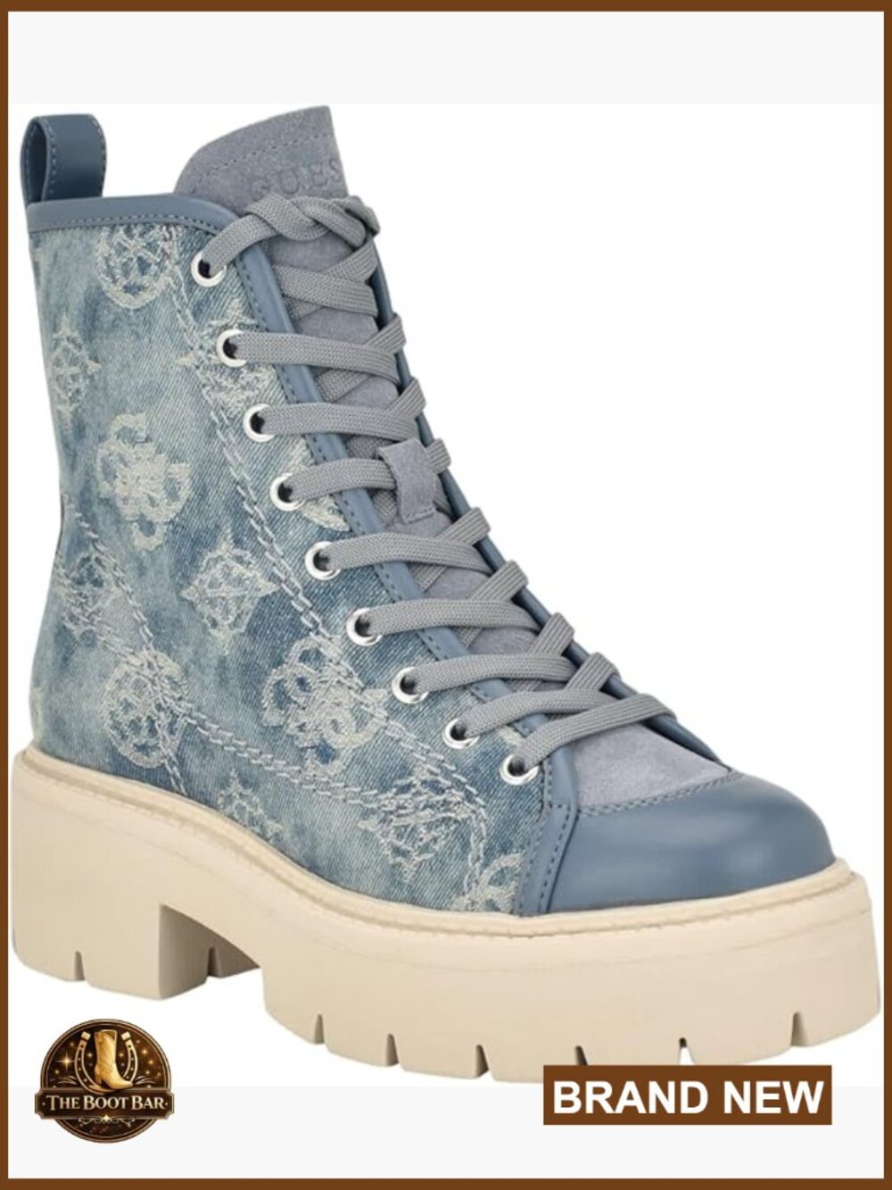 Women's Denim Combat Bootie with Block Heel and Zip Closure